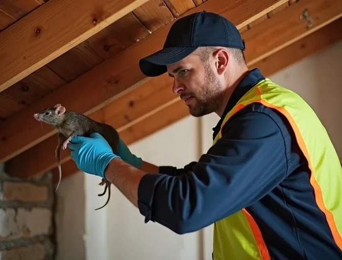 Technician inspecting a roof cavity for a dead rat in Kallista